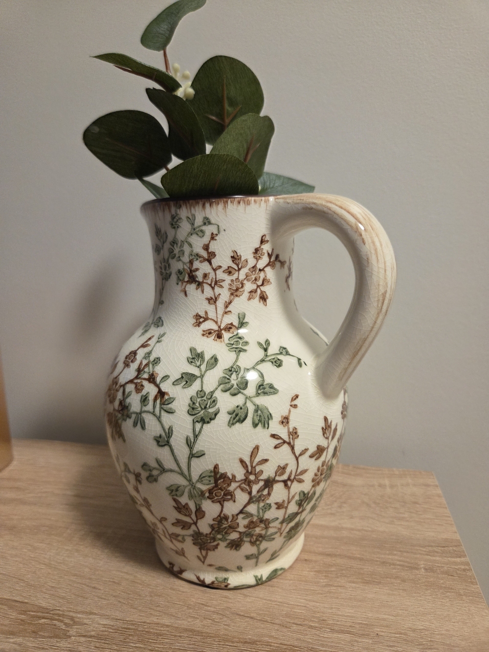 Floral Ceramic Pitcher Vase in Cream with Green and Brown Accents